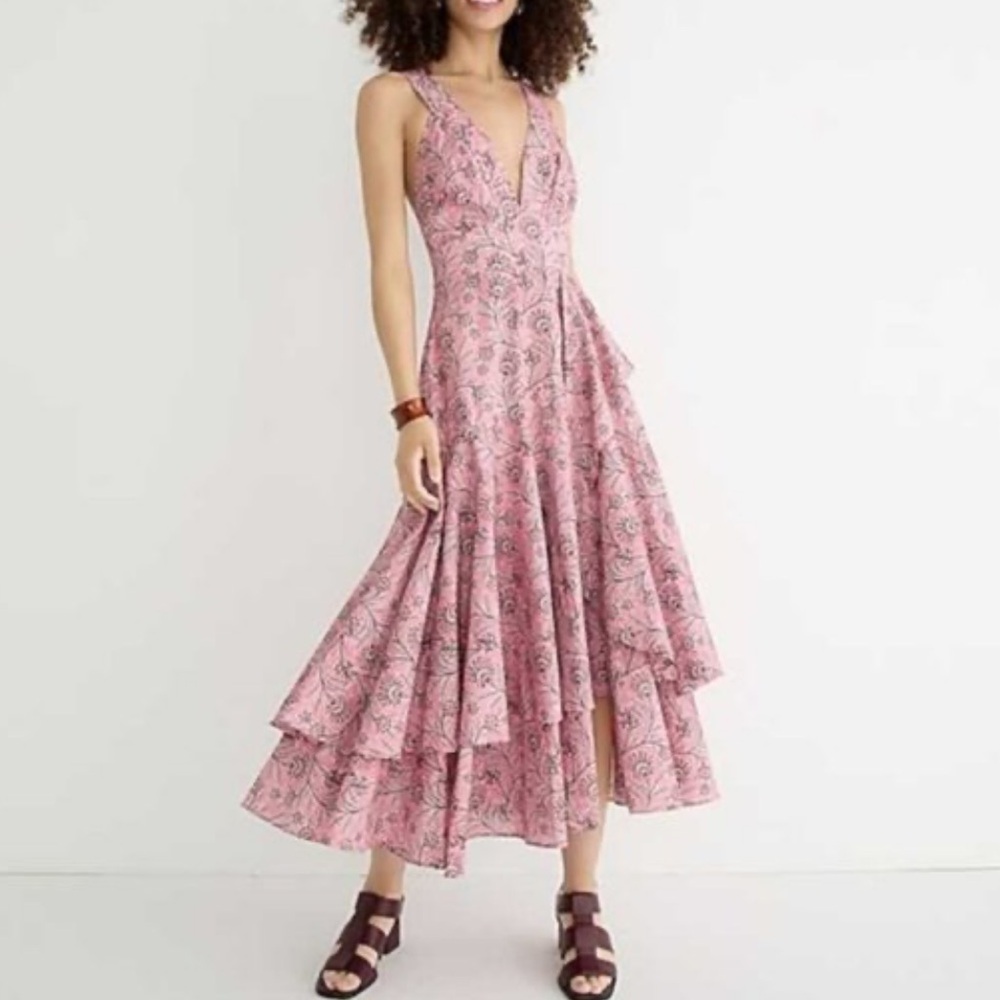 J. Crew Collection cross back tiered ruffle hem midi dress in Ratti coral vines